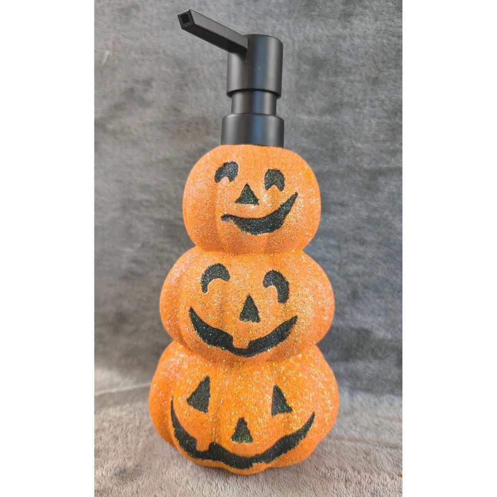 Halloween Jack-O-Lantern Soap Dispenser Glitter Pump Stacked Pumpkins Décor